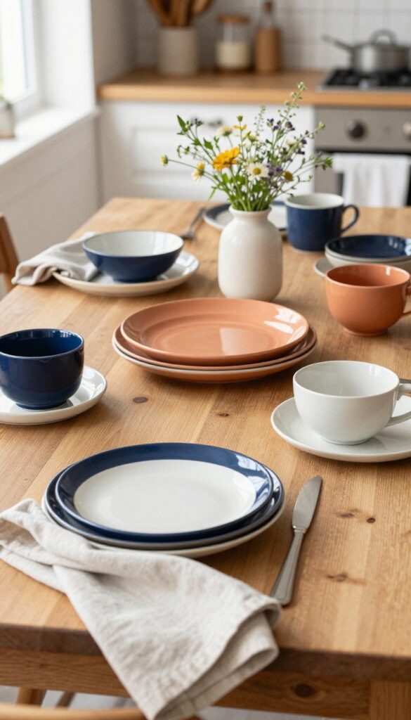 Mix and match dinnerware sets on a wooden table with navy, white, and terracotta plates, bowls, and mugs, styled with linen napkin and wildflowers in natural light.