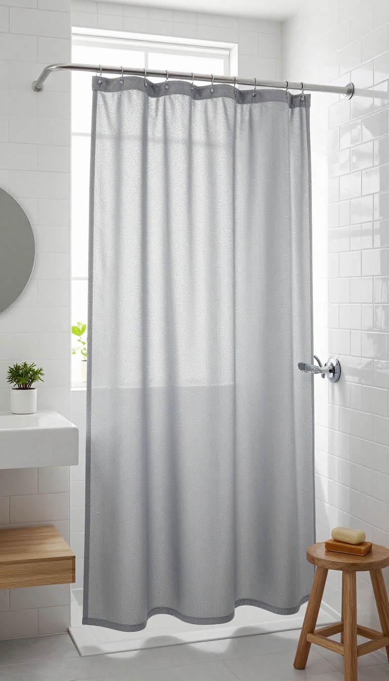 A small bathroom with a quick-dry water-repellent shower curtain, bright and minimalist, no clutter.