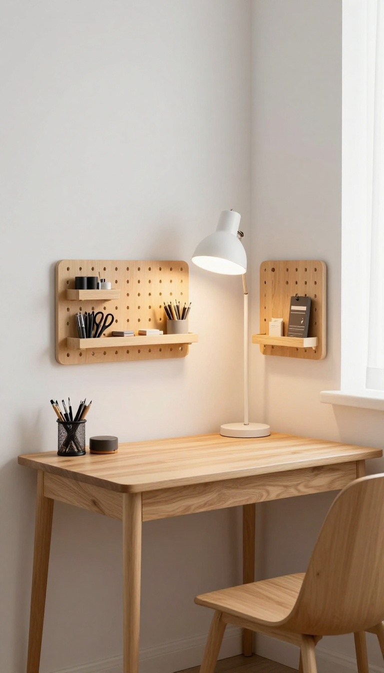 Compact desk with wall-mounted lamp in a small home office guest room, with pegboard storage and chair tucked underneath.