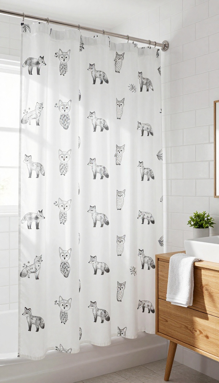 Bright bathroom with a monochrome animal print shower curtain featuring foxes and owls, wooden vanity, and natural light.
