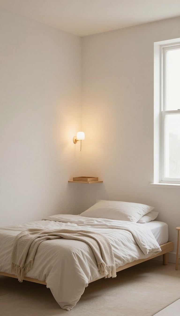 Small guest bedroom with wall-mounted sconces and a shelf, keeping the floor clear and creating a warm, open feel.