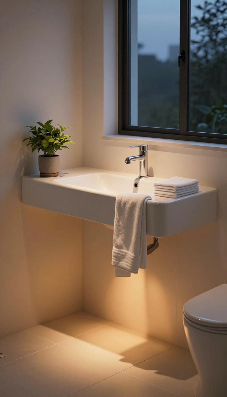 A guest bathroom with a motion-sensor night light glowing warmly near the floor, illuminating the path.