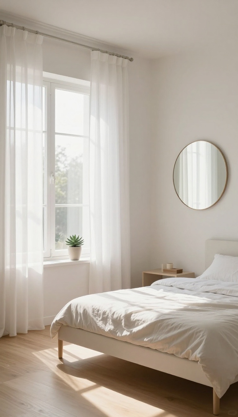 Bright small bedroom with sheer curtains and a mirror reflecting natural light