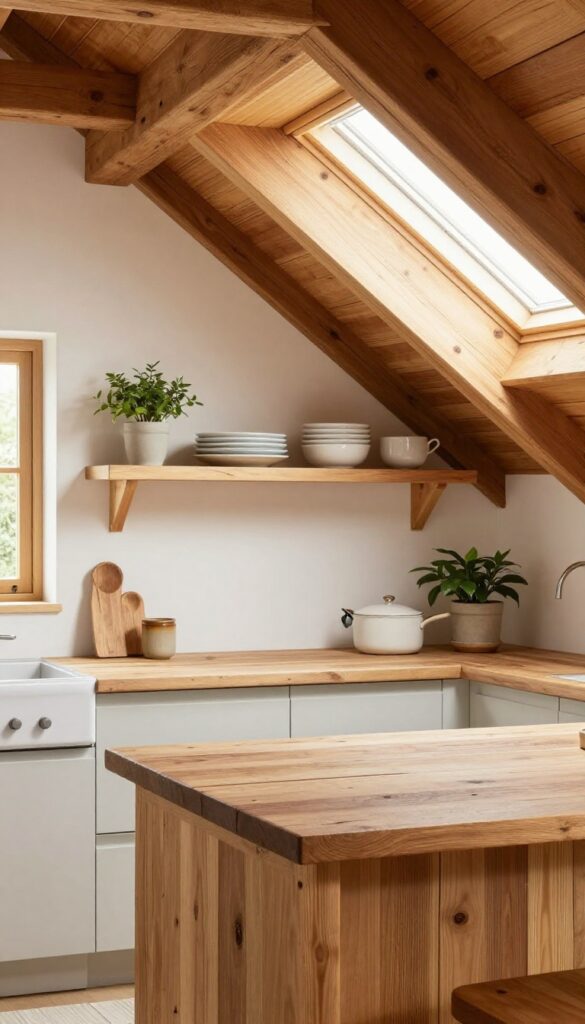 Cozy attic kitchen with warm wood accents, butcher block countertop, open wooden shelves, and exposed beams in natural light.