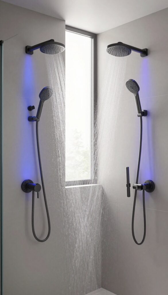 Modern bathroom with dual shower heads featuring LED lighting in calming blue and purple tones