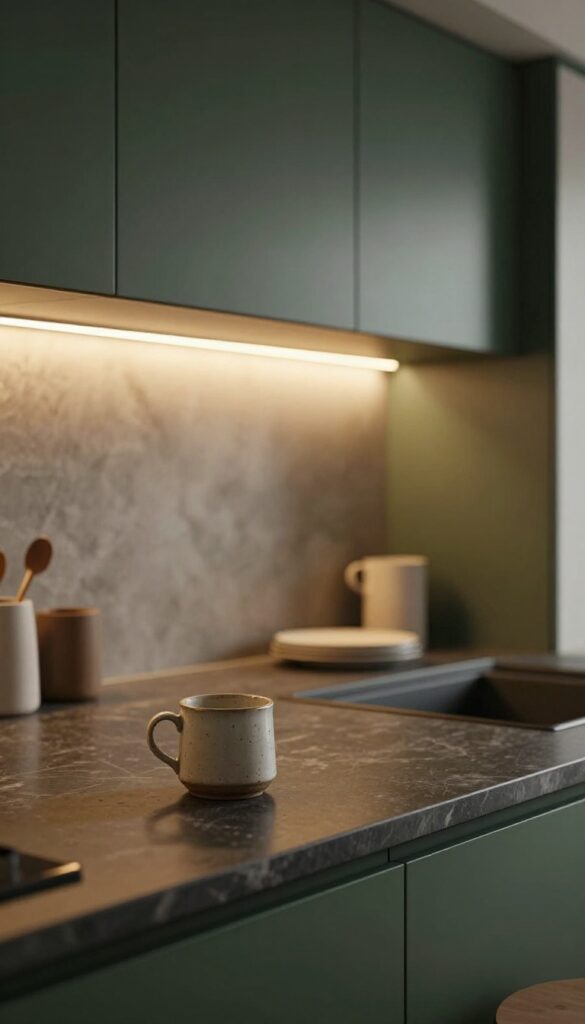 Warm under-cabinet lighting illuminating dark kitchen cabinets and countertop