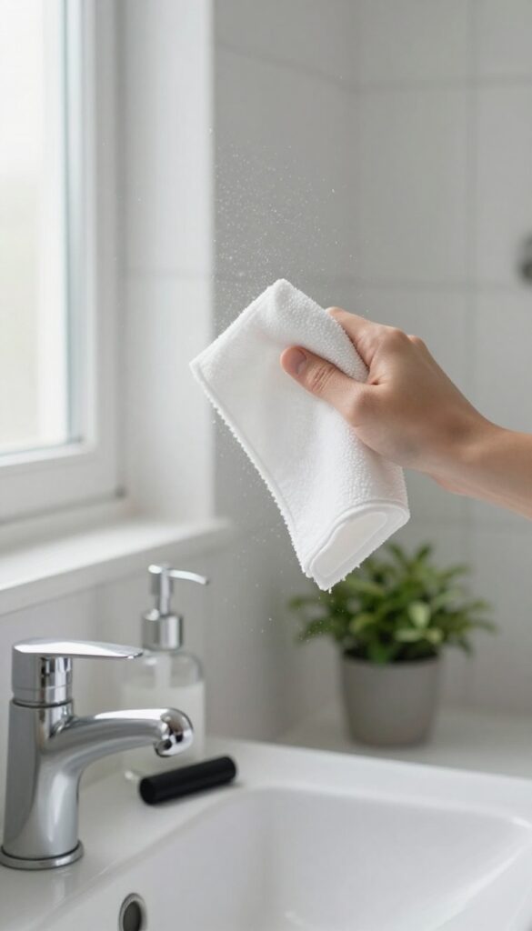 Close-up of a hand wiping a bathroom mirror with a dry erase marker nearby, showing the removal of hard water spots.