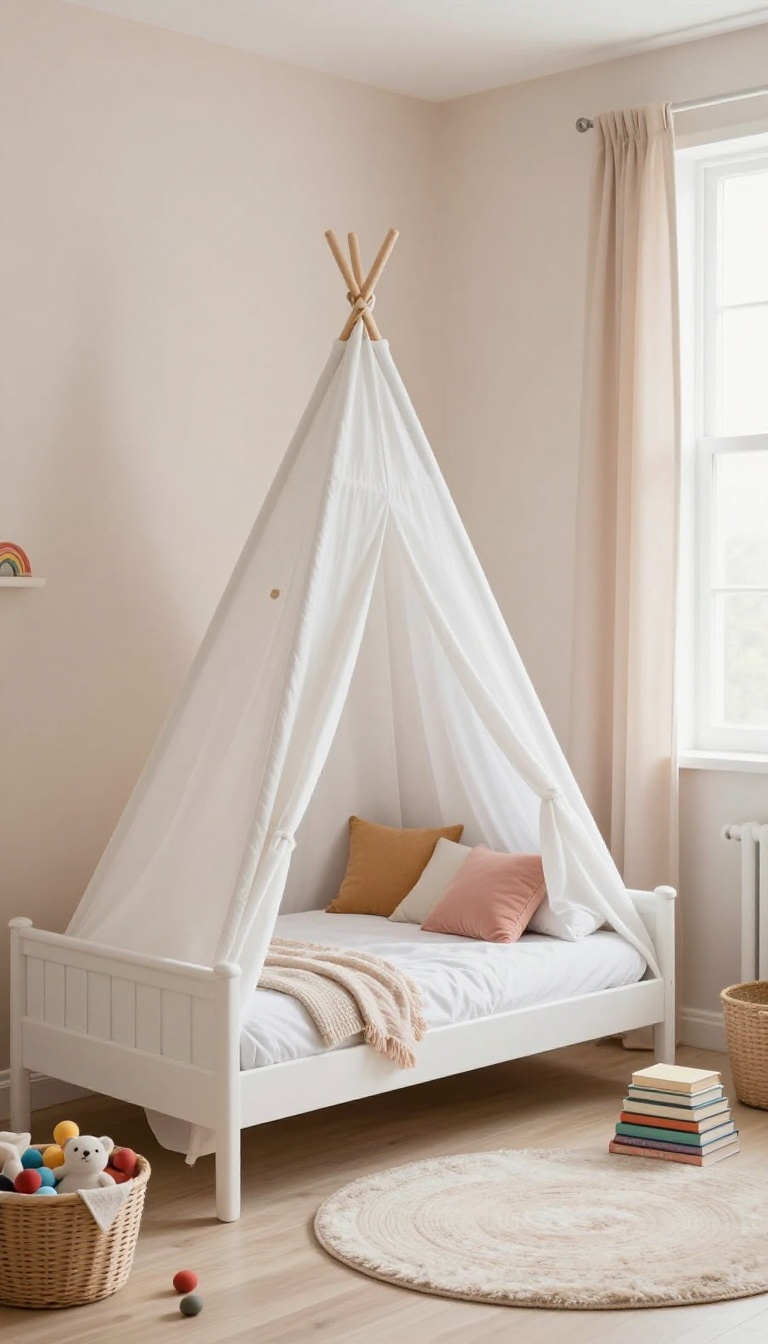 A kids' bedroom with a canopy over the bed and a play tent in the corner, creating a cozy reading nook