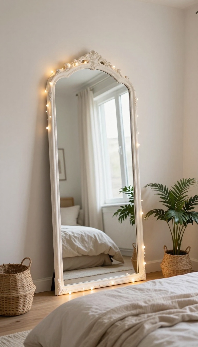Cozy small bedroom with a large mirror reflecting fairy lights and natural light from a window.