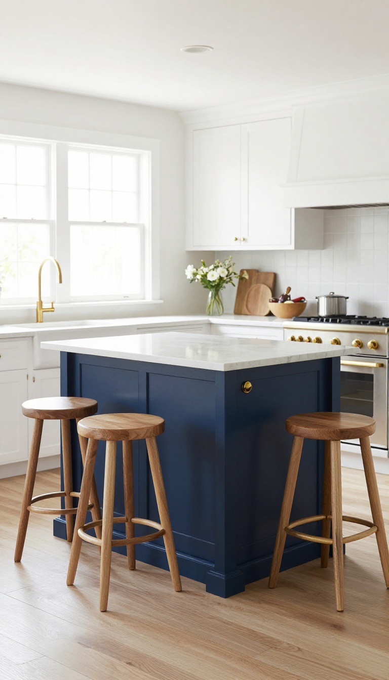 Navy blue kitchen island as a focal point with brass hardware and natural wood bar stools