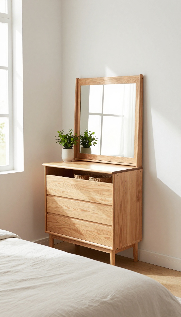 Compact multi-functional dresser in a small bedroom with mirror and fold-down desk, styled with baskets and plant, bright natural light