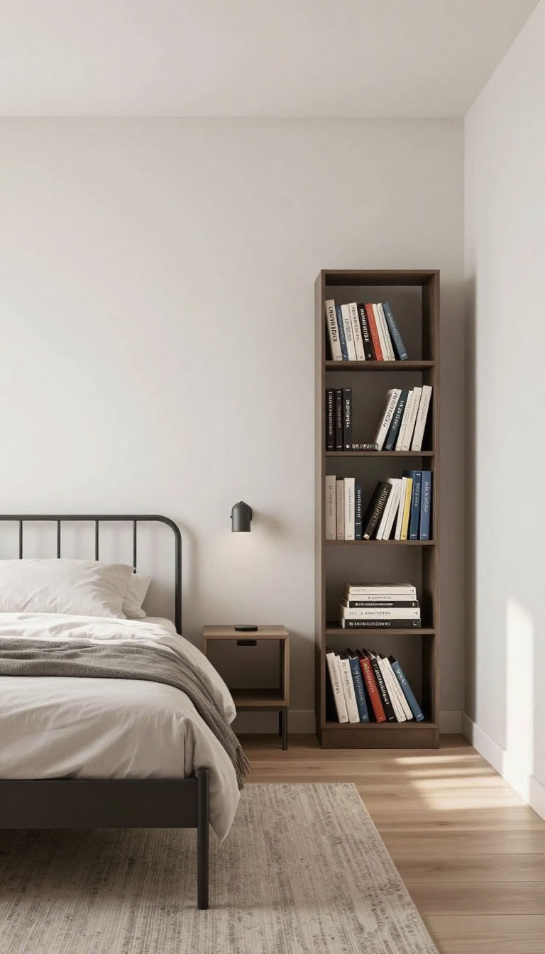 Small boutique-style bedroom with balanced scale, featuring a slim bed, tall bookshelf, area rug, and wall-mounted nightstands in natural light.