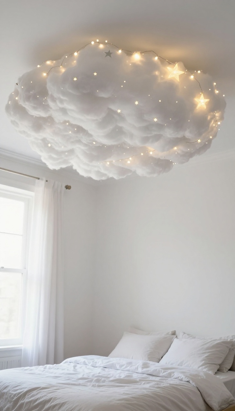 Cozy bedroom ceiling with DIY cloud canopy and fairy lights, creating a dreamy starry sky effect.