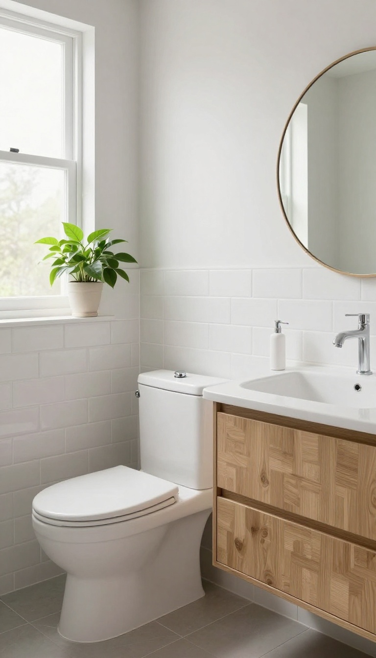 Modern guest bathroom with a water-saving dual-flush toilet, bright natural light, and minimalist decor