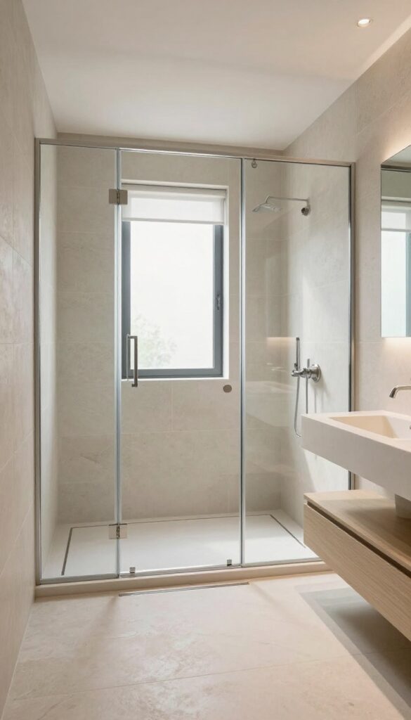 Walk-in shower with frameless glass panel and linear drain in a small bathroom, open and airy design.