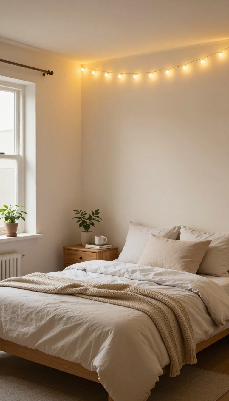 Cozy small bedroom with warm string lights draped across the ceiling, creating a soft, inviting ambiance.