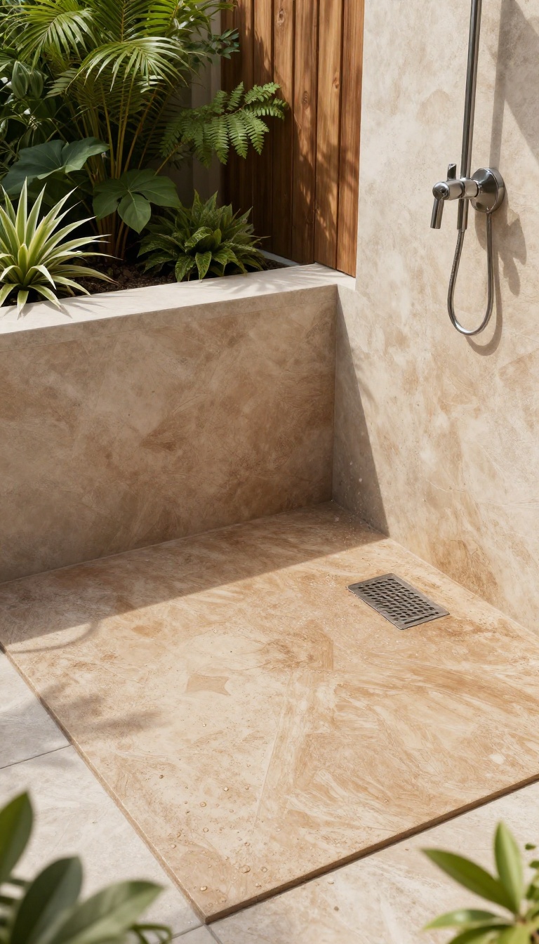 Stamped concrete outdoor shower floor with stone texture in a modern backyard