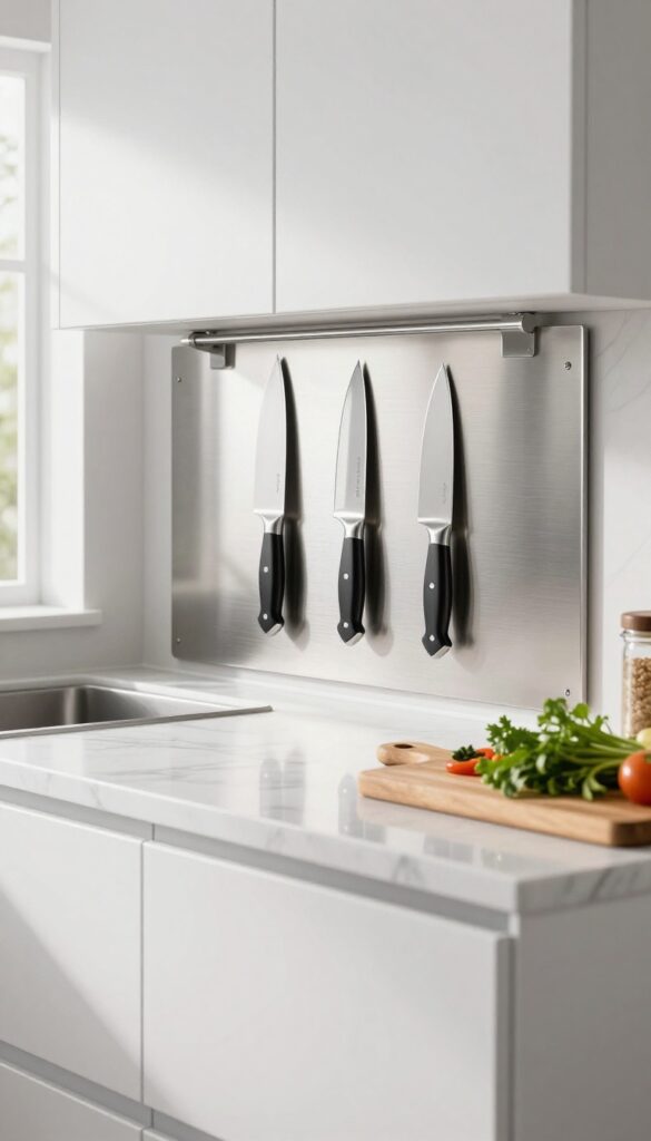 Magnetic knife strip mounted on the back panel of a kitchen island, holding knives within easy reach.
