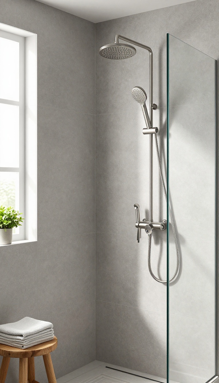 Modern bathroom shower with matte grey tiles, brushed nickel fixtures, and natural light