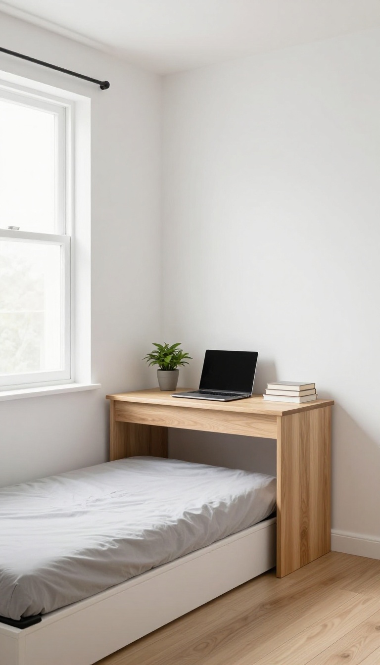 Murphy bed with built-in desk in a bright guest room