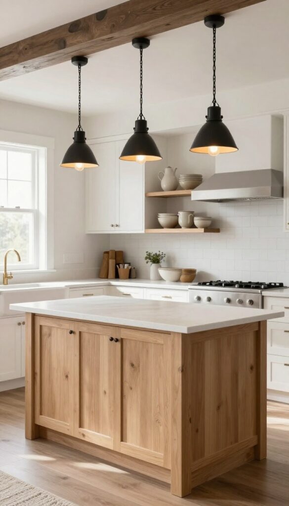 Rustic barn lights illuminating a farmhouse kitchen island with white countertop and wood base