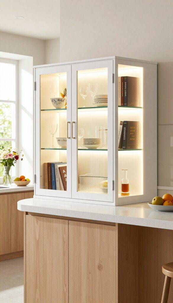 Elegant kitchen island with glass-front cabinetry displaying china and glassware