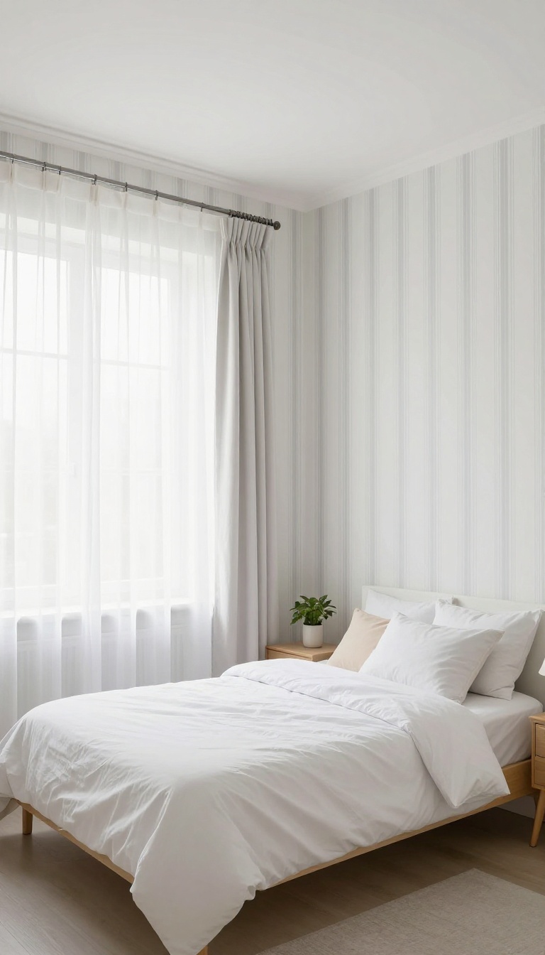 Small bedroom with vertical striped wallpaper and bright natural light, creating an illusion of height and space.