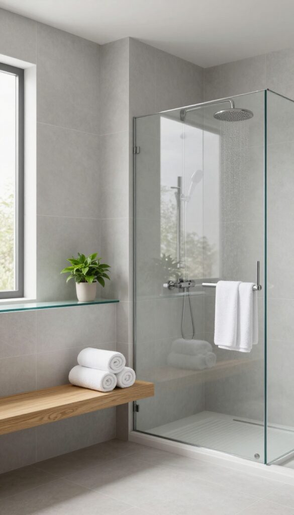 Modern bathroom with wooden shower bench and glass shelf above, holding a plant and rolled towels, bright natural light
