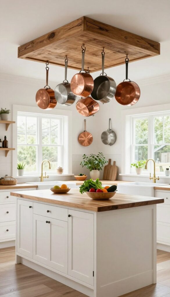 Ceiling-mounted pot rack in a bright kitchen with cookware hanging above an island.