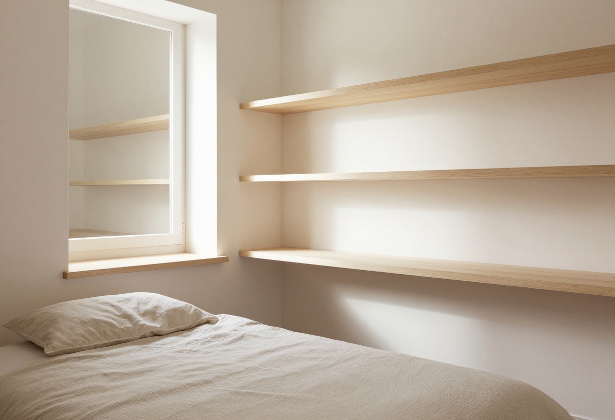 Small bedroom with angled bed and floating shelves in a bright, airy setting