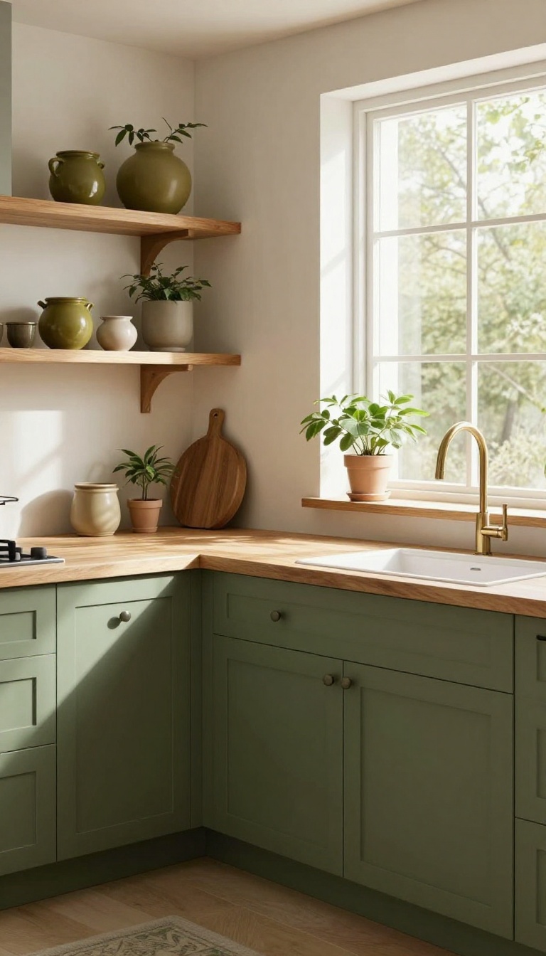 Olive green kitchen cabinets with wood butcher block counters and open wooden shelves styled with olive-toned dishware and plants