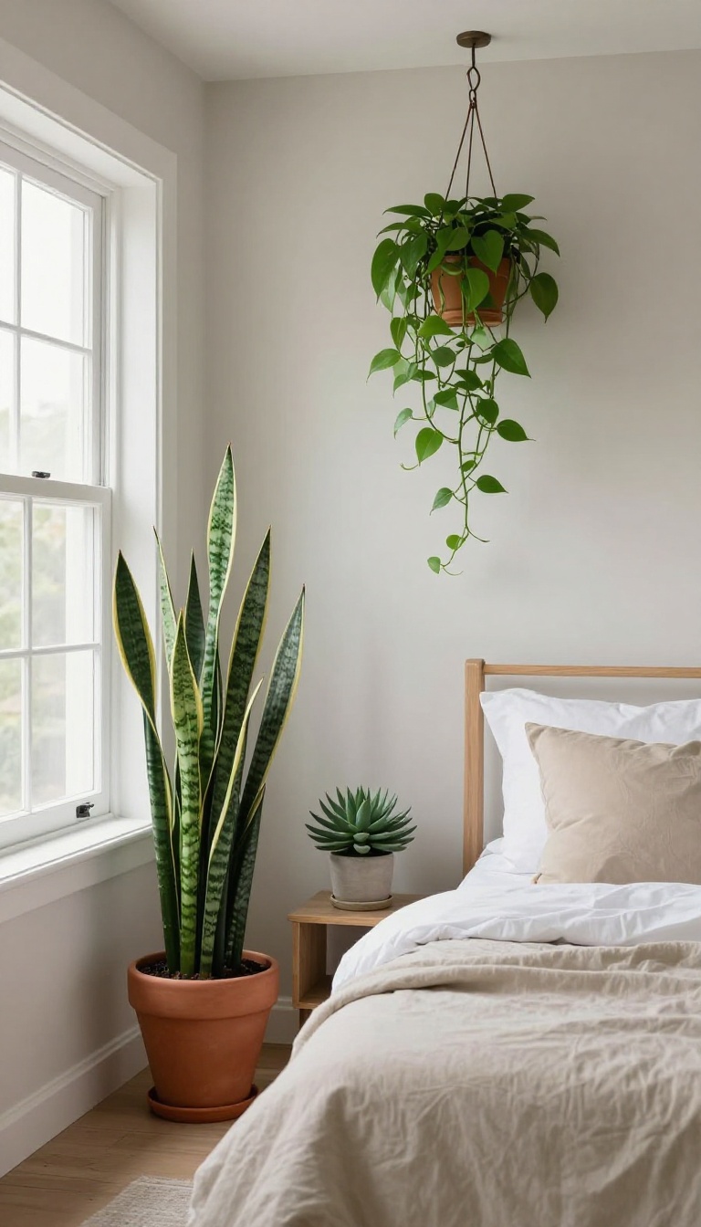 Small bedroom with plants, including a snake plant, hanging pothos, and succulent, creating a fresh and lively atmosphere.