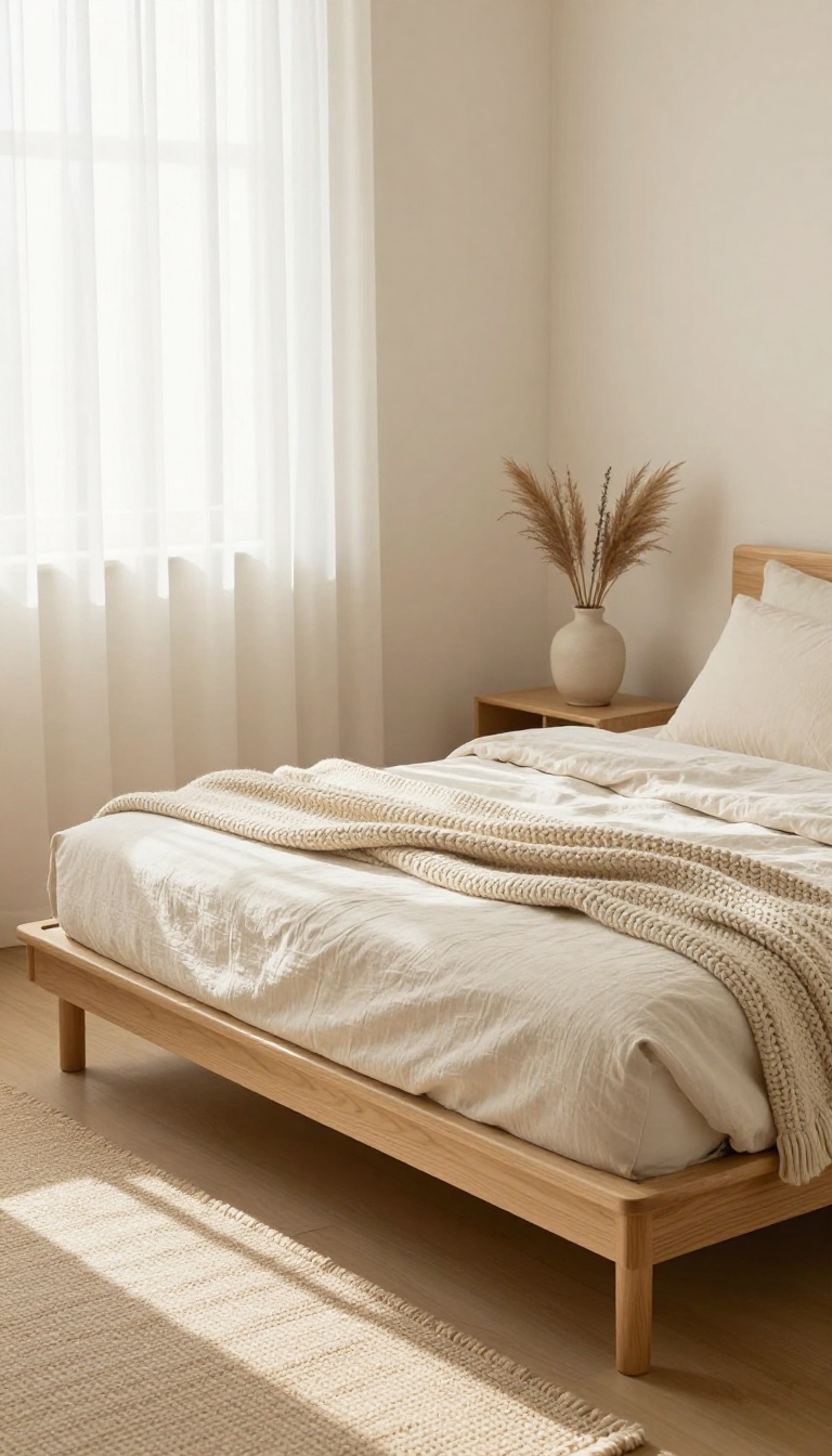 Low-profile bed frame in a small cozy bedroom with soft neutral linens and natural light