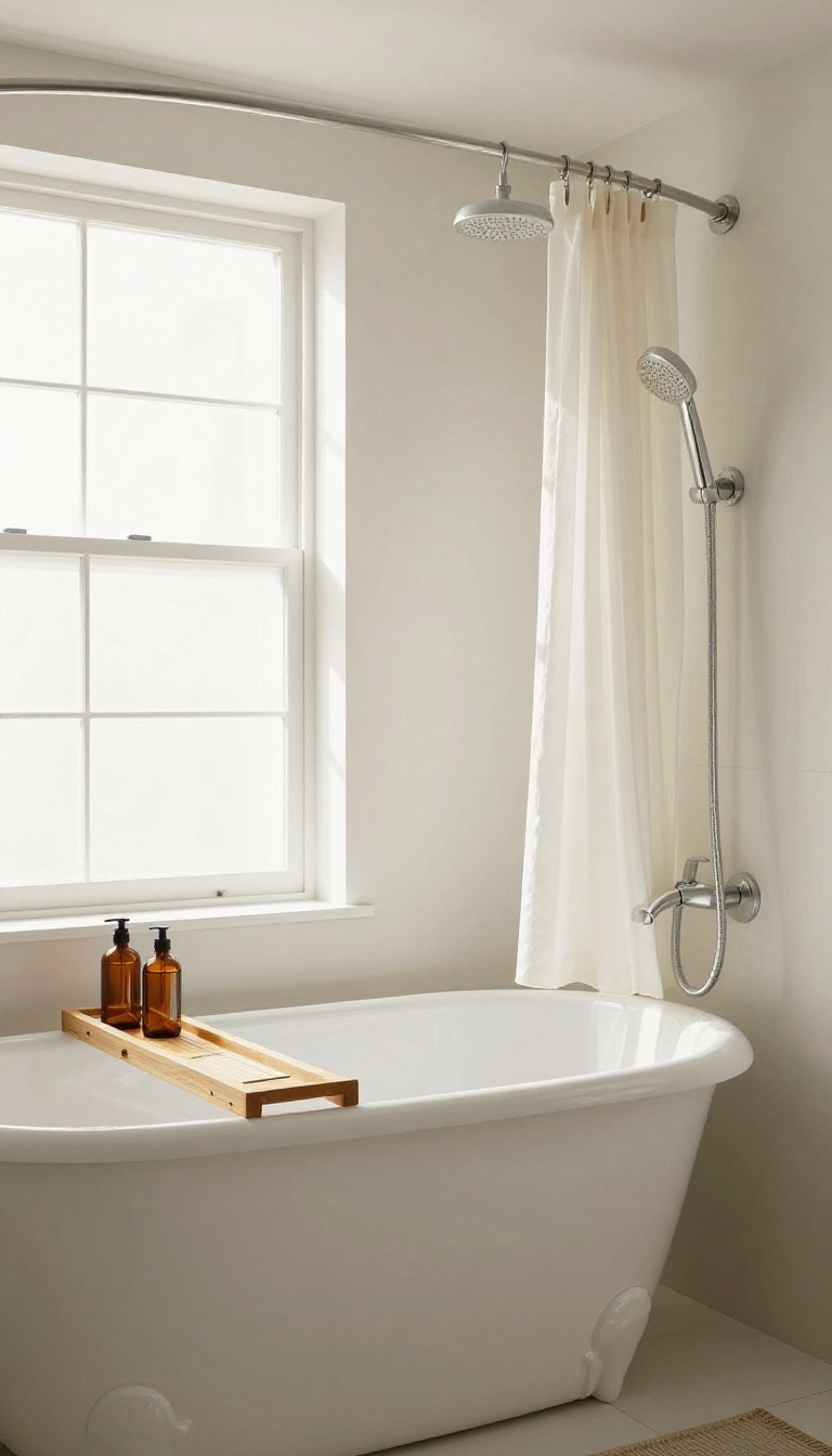 Clawfoot tub with handheld shower in a bright family bathroom