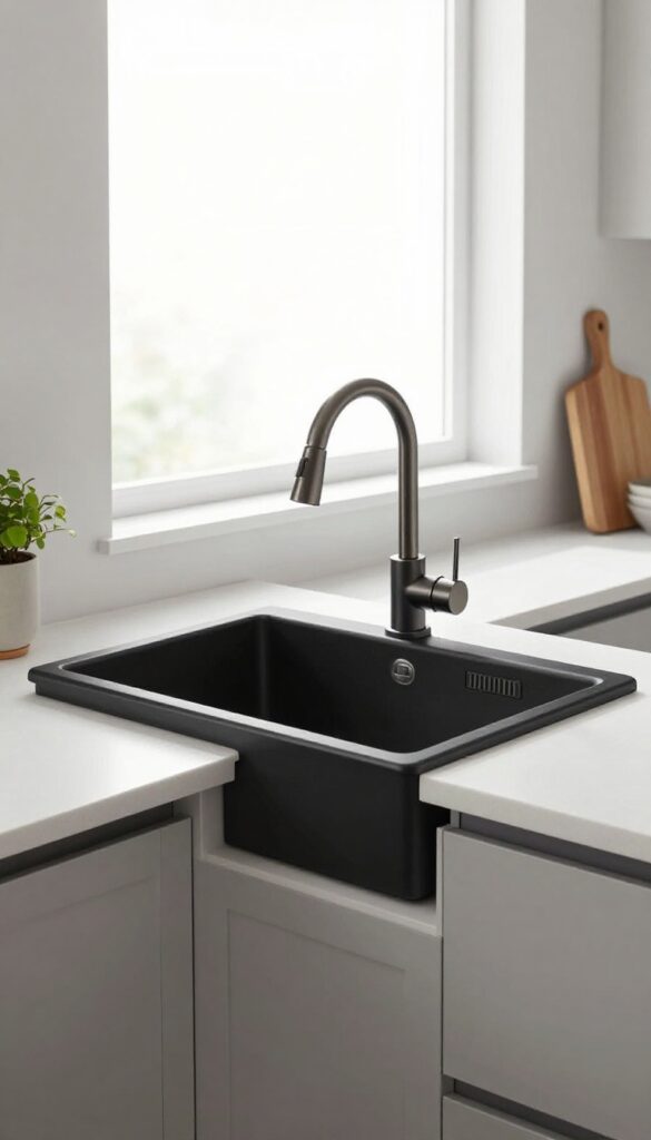 Black matte composite sink in a bright modern kitchen with white countertops and natural light