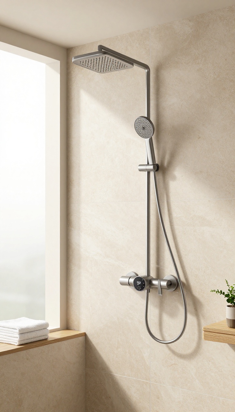 Modern guest bathroom with a smart thermostatic shower valve, digital temperature display, rainfall showerhead, and natural stone tiles in bright natural light