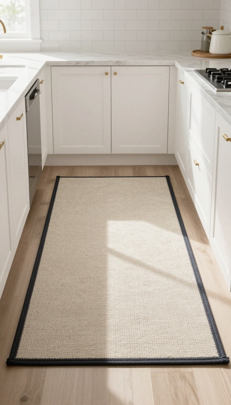 A kitchen runner rug with a subtle border in a bright, modern kitchen, adding structure and elegance to the space.