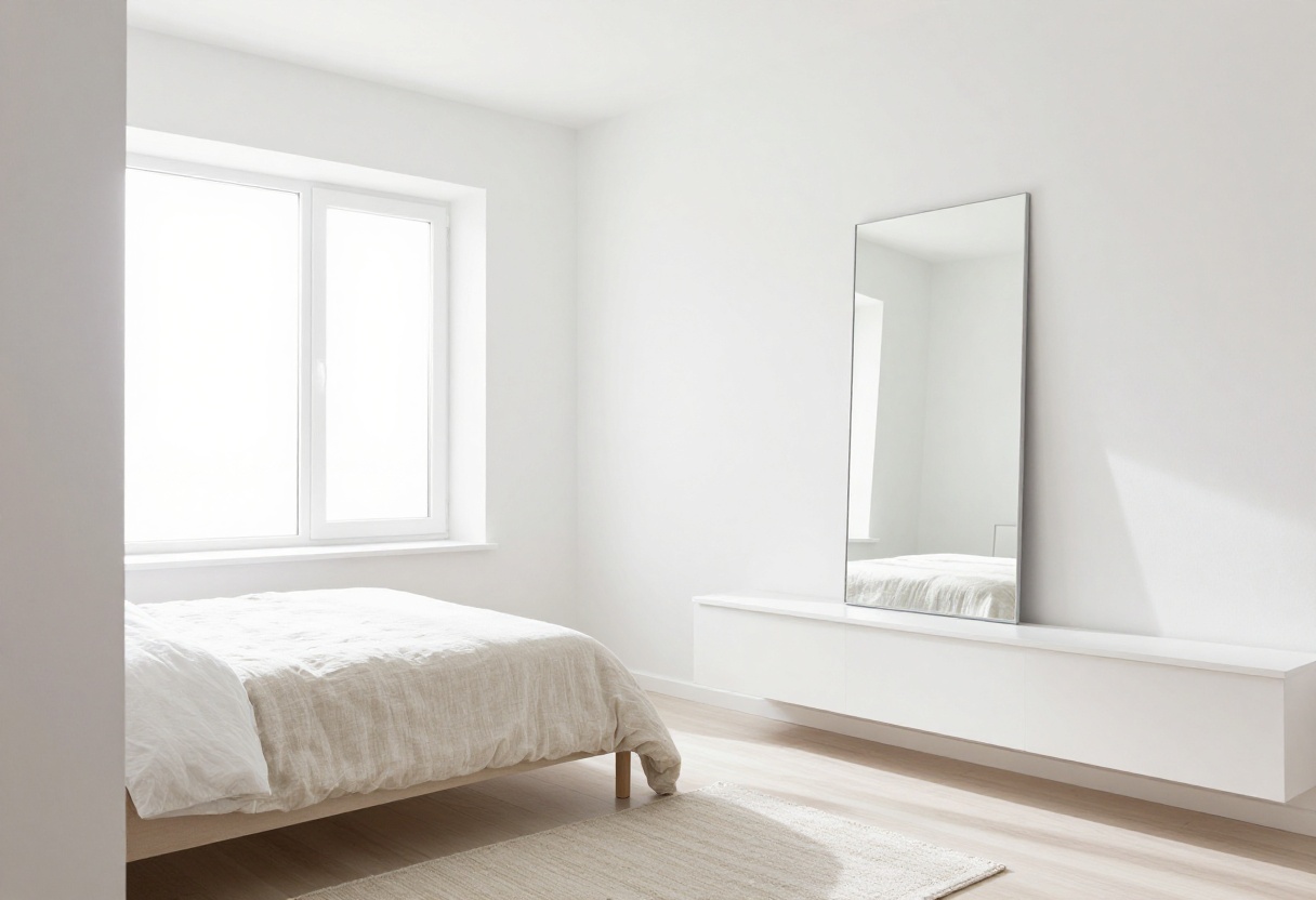 Bright small bedroom with white walls, light bedding, mirror, and floating shelves creating a spacious feel