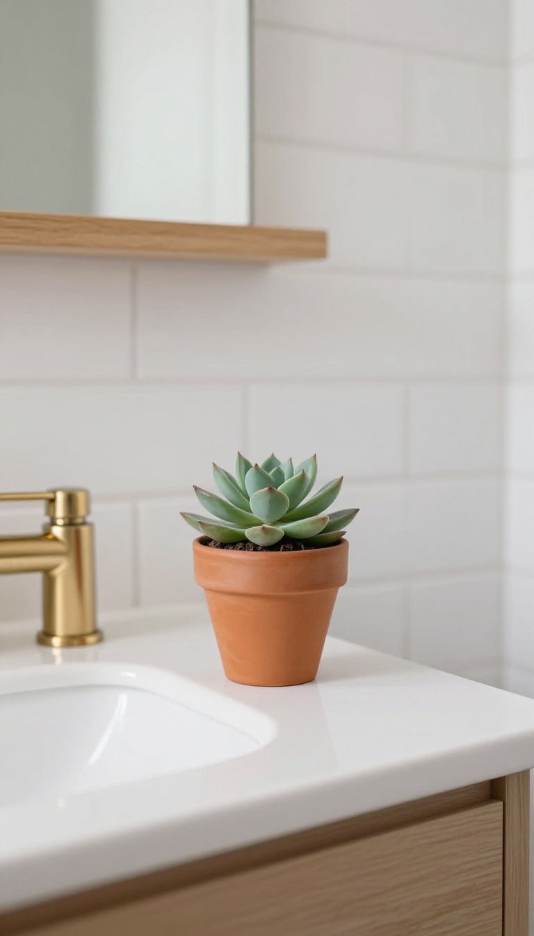 Small potted succulent on a bathroom counter near a window