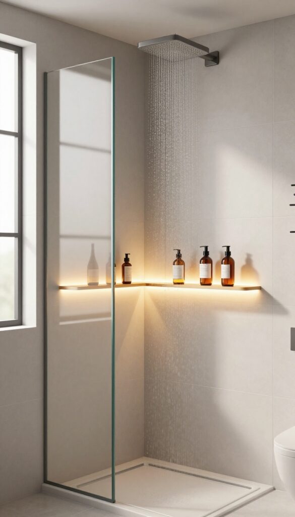 Warm LED strip lighting under a shower shelf creating a relaxing glow