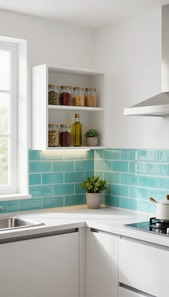 Turquoise tile backsplash with built-in shelves holding spices and a plant in a small kitchen