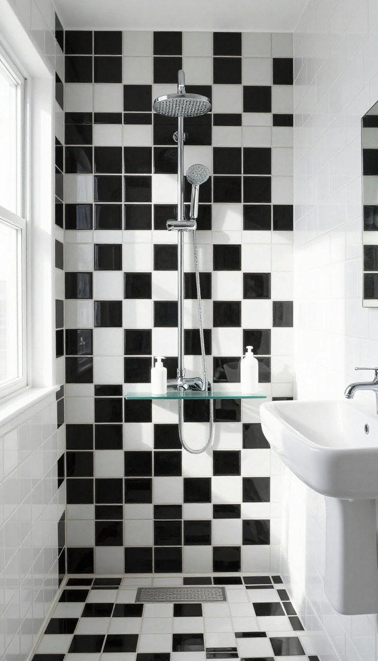 Bathroom shower with black and white checkerboard tile wall, retro diner style, bright natural light, minimal fixtures.