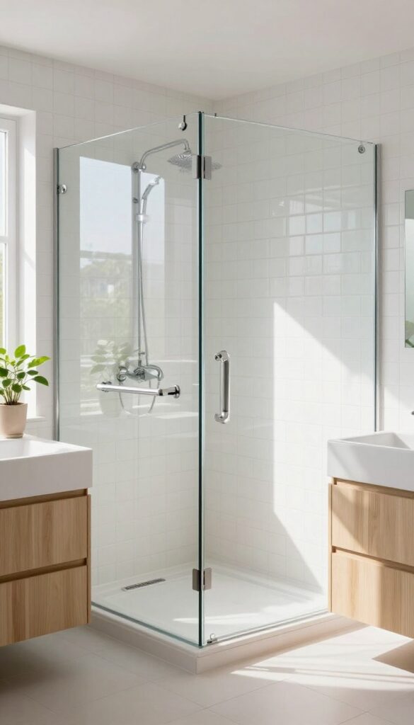 Frameless glass shower panel in a compact bathroom with natural light