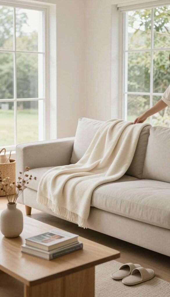 A person tidying a living room by folding a blanket, with a clean and organized space.