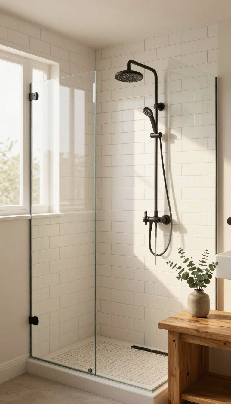 Modern farmhouse shower with white subway tile and dark grout, black fixtures, wooden bench, and natural light