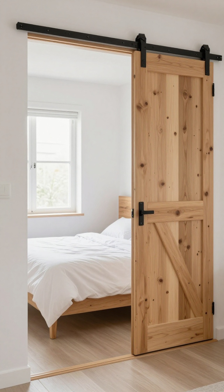 Small bedroom with a sliding barn door adding rustic charm and saving space