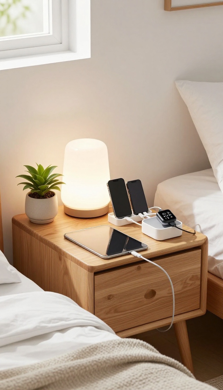 Guest bedroom nightstand with a charging station for multiple devices, neatly organized with a lamp and plant, in bright natural light.