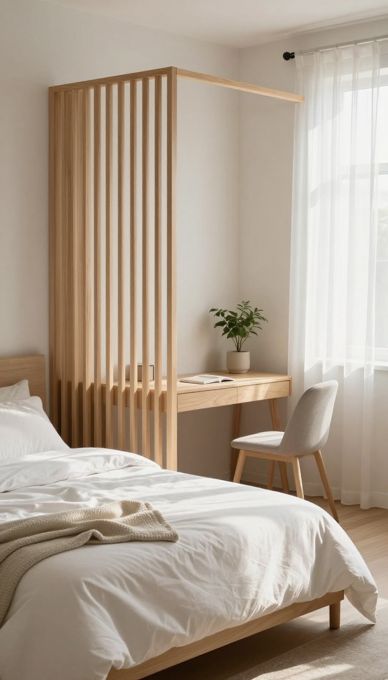 Small bedroom with a wooden slat room divider separating a bed area from a workspace, bright natural light, modern decor