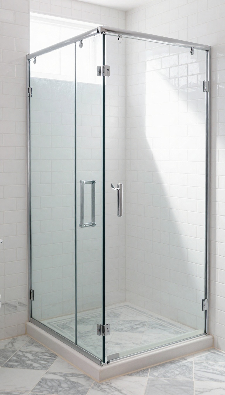 Modern shower with black and white checkerboard floor and white subway tile walls