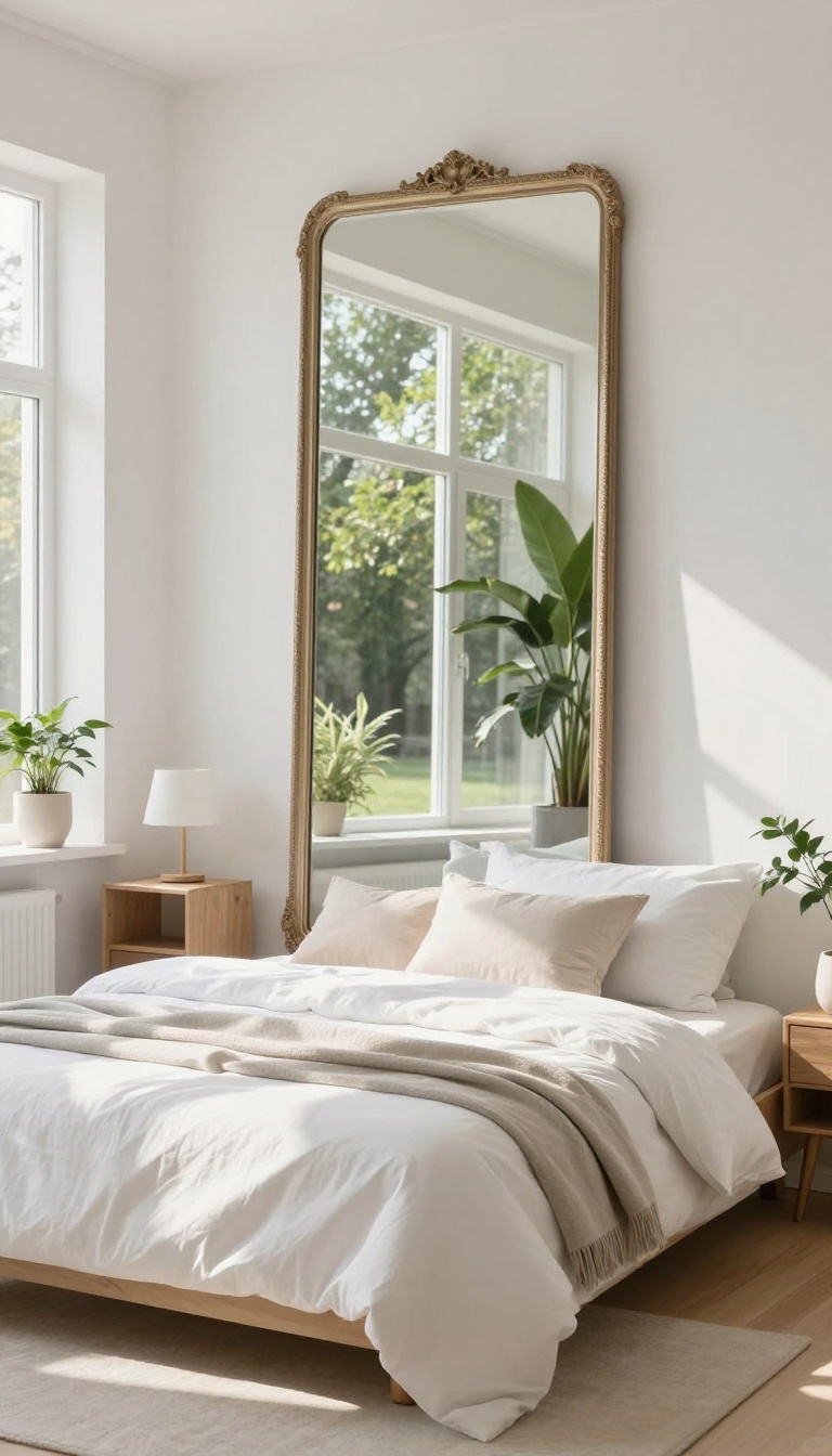A small bedroom with a large floor mirror reflecting natural light from a window, making the space feel larger and brighter.